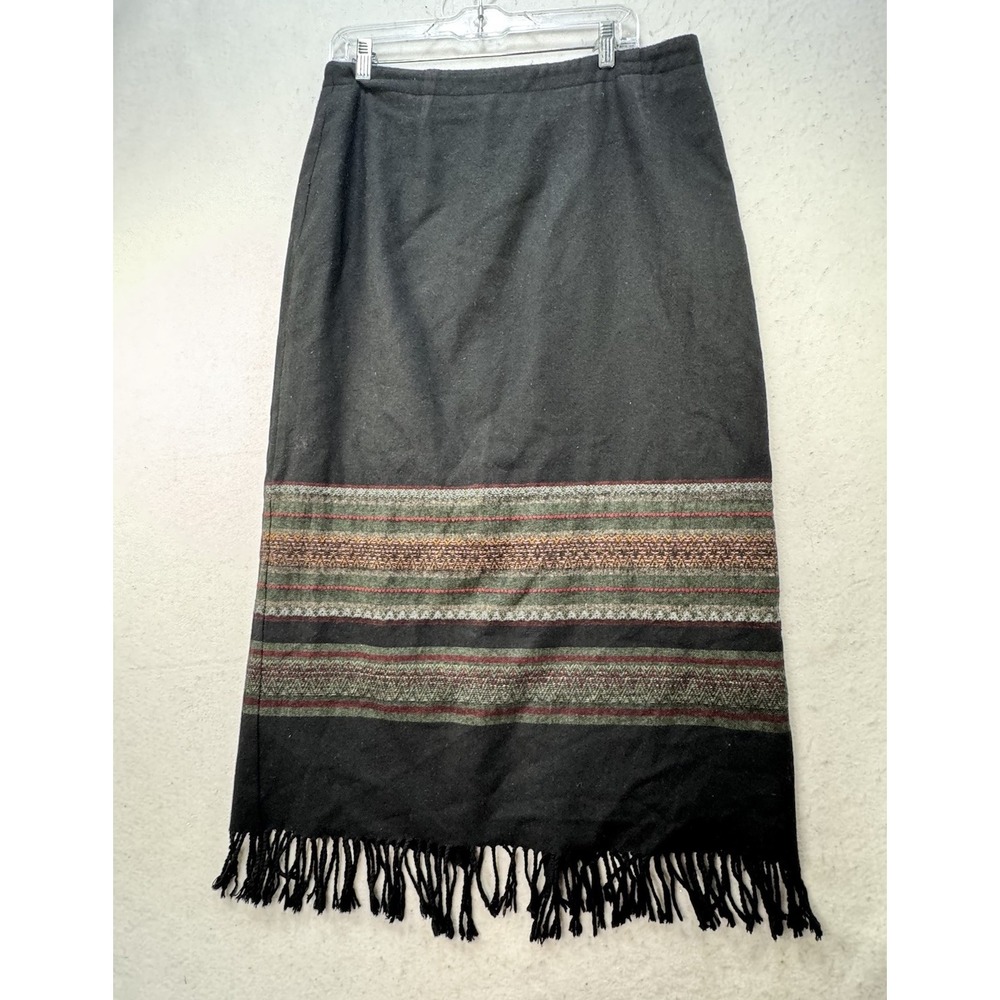 Vintage Made In The USA Wool Blend Maxi Skirt W/ Fringe Boho Cowgirl Earthy 14